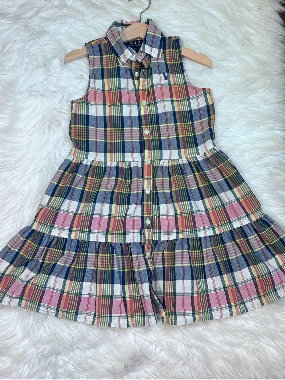 Polo Ralph Lauren Tiered Shirt Madras Plaid Dress Girls Size 5 Button Front Logo
